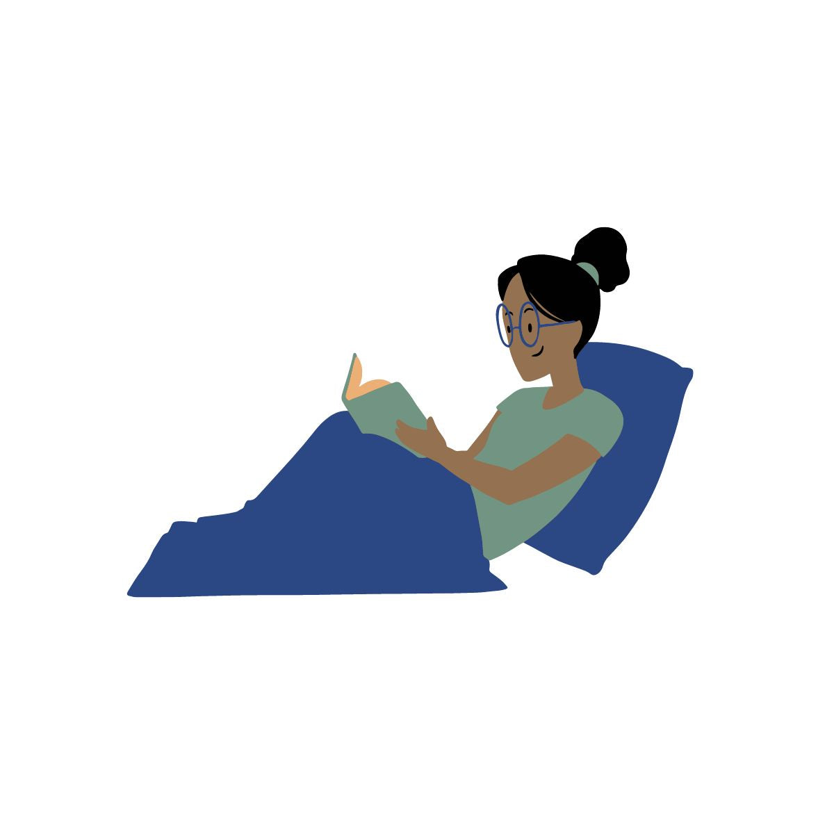 Illustration weiblich gelesener Person, die im Bett ein Buch liest