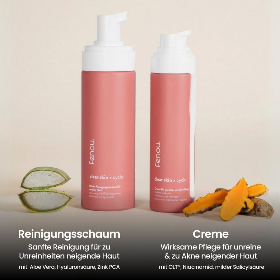 Flaschen clear skin Creme und Reinigungsschaum mit Aloe vera und Kurkuma, produkte bei akne, akne bei erwachsenen