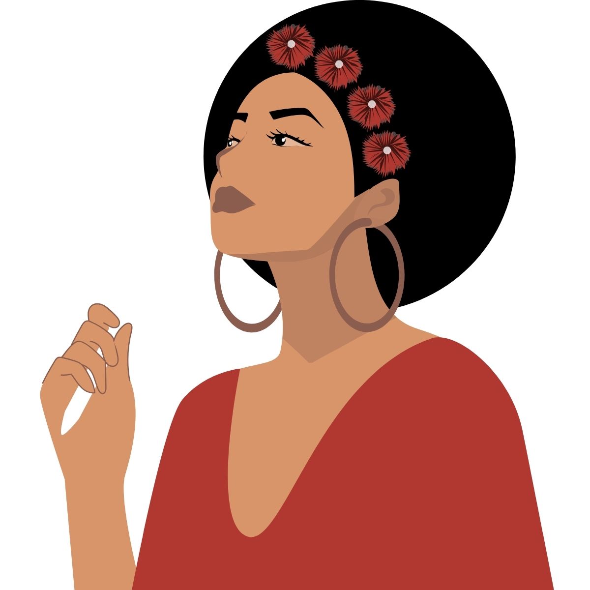 illustration einer weiblich gelesenen person mit afro mit nachdenklicher kopfhaltung und stift in der hand