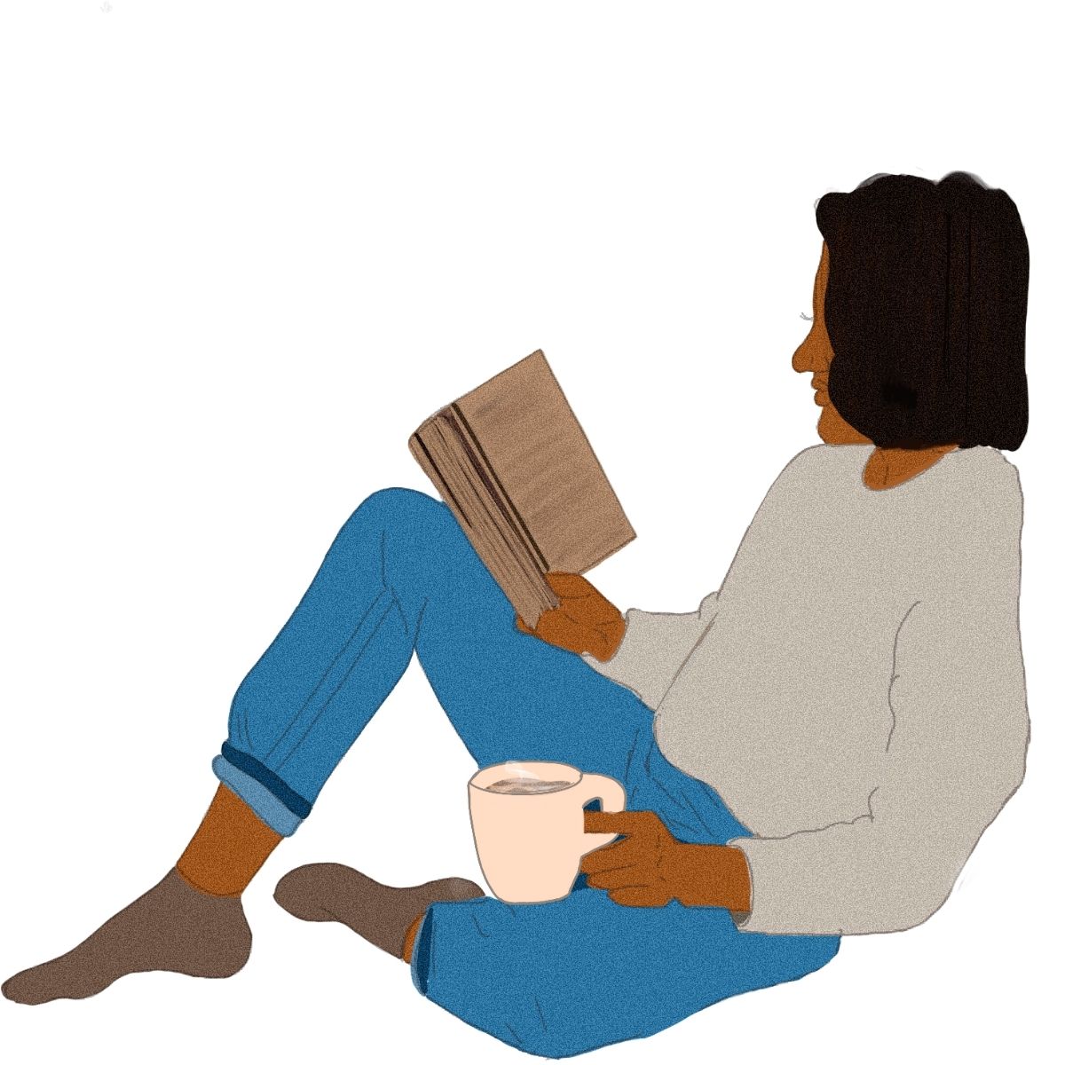 illustration einer sitzenden weiblich gelesenen person, mit dem rücken an wand lehnend, in der einen hand ein buch in der anderen hand eine tasse, ein bein aufgestellt zur ablage des buches