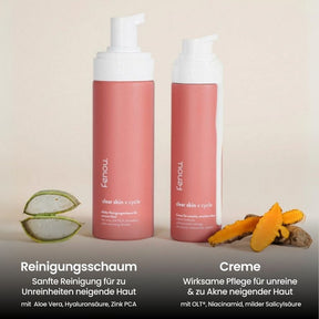 Flaschen clear skin Creme und Reinigungsschaum mit Aloe vera und Kurkuma