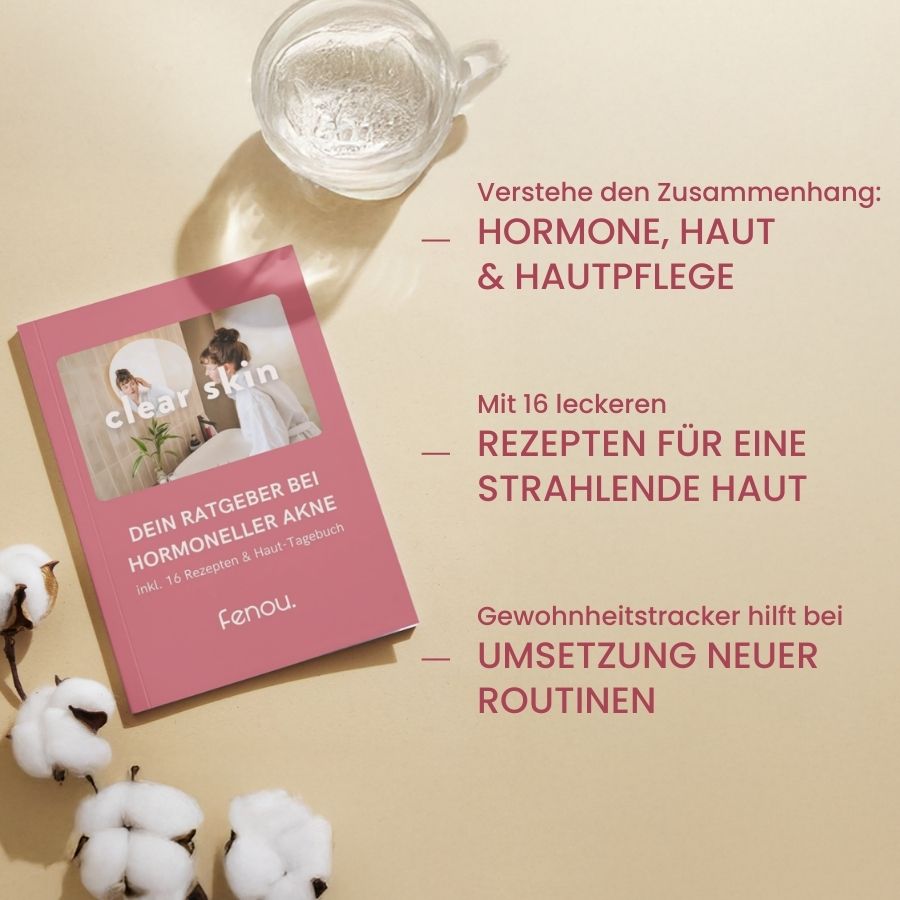 Benefits des Ratgeber zu hormonelle Akne, abgebildet sind außerdem der Ratgeber, der zwischen einem Glas Wasser und einem Zweig Dekoblumen liegt