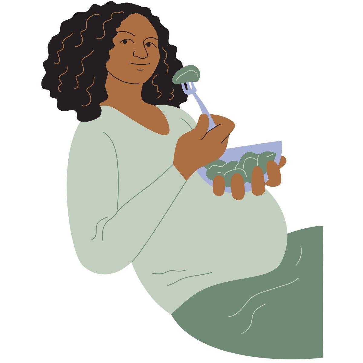 illustration einer weiblich gelesenen schwangeren person, die angelehnt mit einer schüssel essen sitzt und eine gabel zum gesicht führt