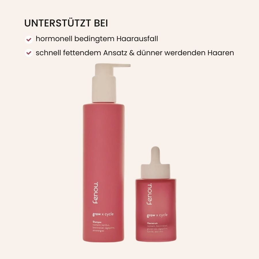 eine Flasche fenou grow Shampoo und eine Flasche fenou grow Haarserum