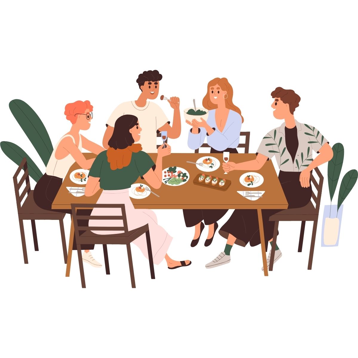 illustration einer gruppe am tisch sitzender personen beim fröhlichen essen