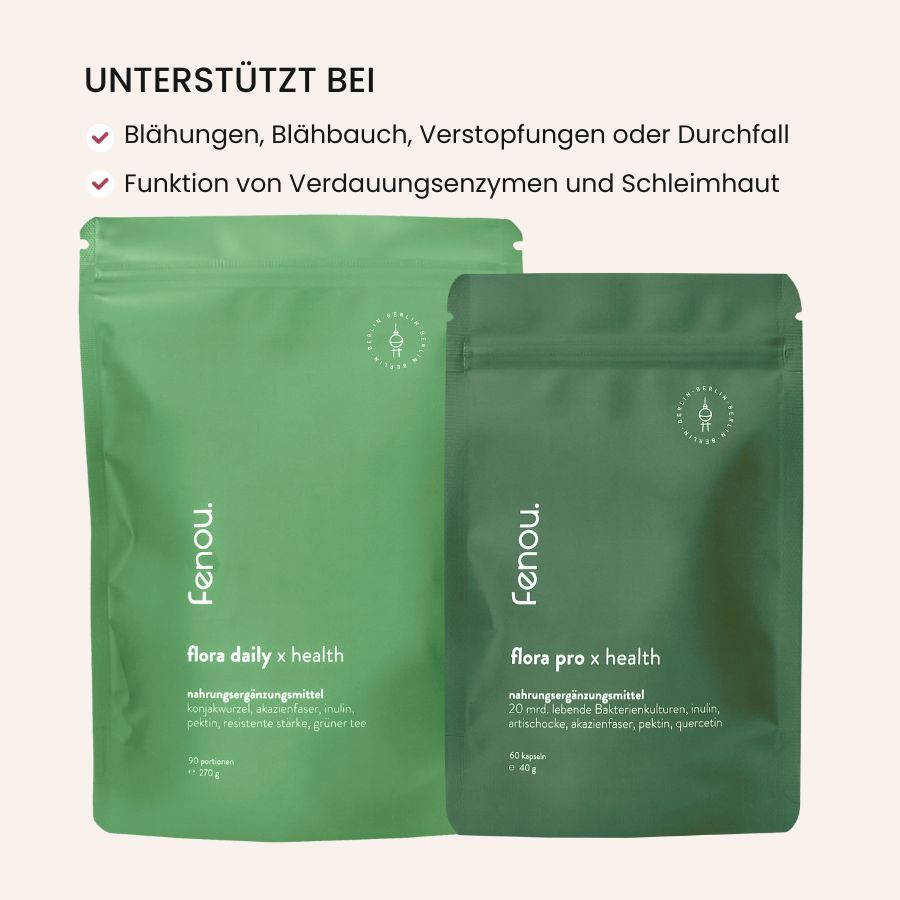 Produktbild fenou happy belly bundle bei Bähungen, Blähbauch, Verstopfungen, Durchfall.
synbiotika, probiotika, für Darmbakterien